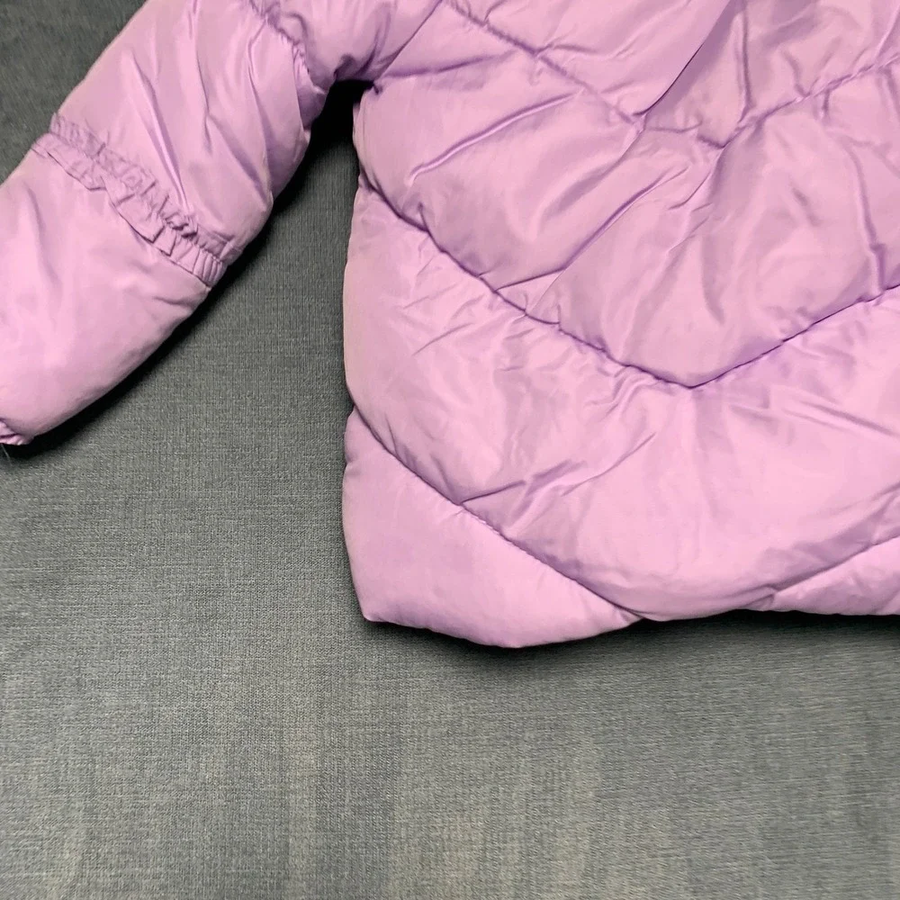 London Fog Puffer Jacket Girls S/4 Purple Faux Fur Trim Hood Fleece Lined Warm